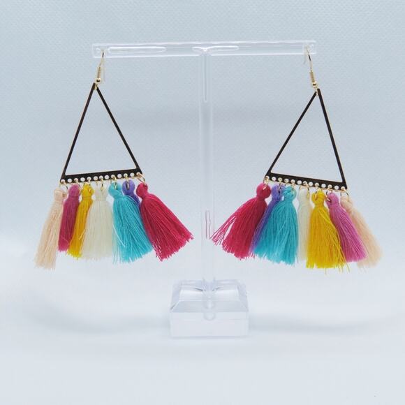 Francesca's Boho Triangle Multicolor Tassel Earrings Festival Rainbow Gold - Picture 3 of 5
